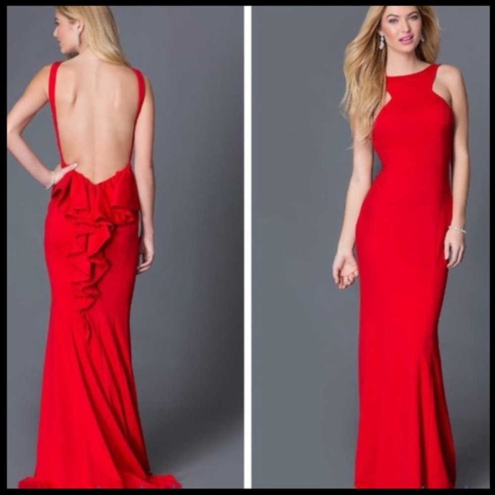 Red, Open-back Prom Dress with Flared Skirt